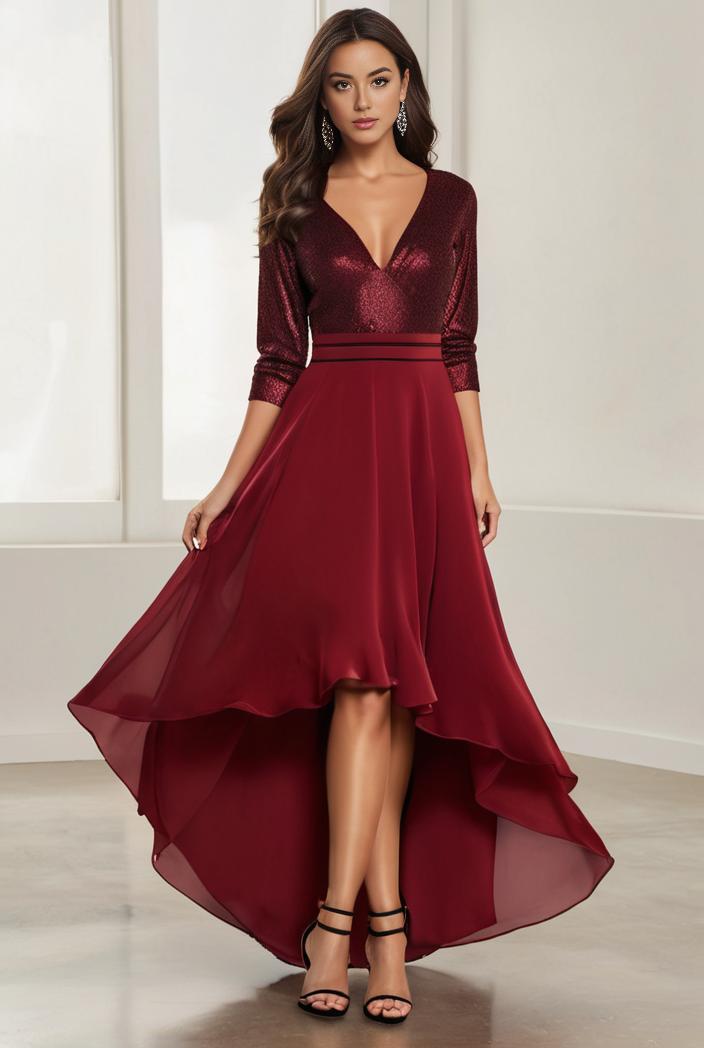 3 4 sleeve sheer sequin stripe high low hem evening dress 133085
