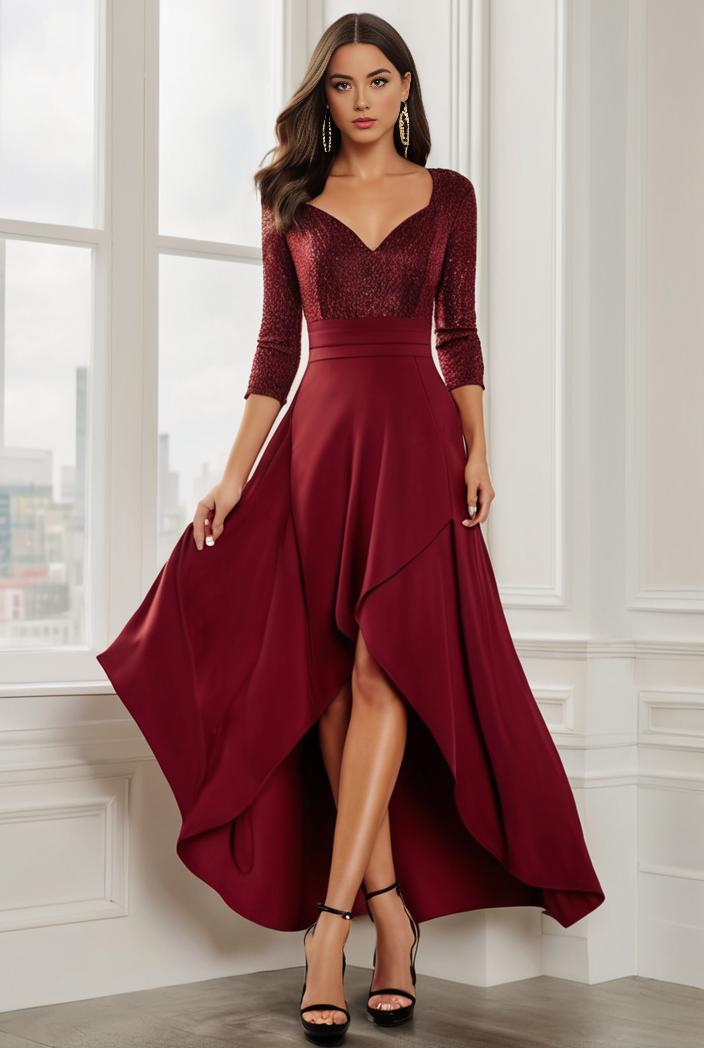3 4 sleeve sheer sequin stripe high low hem evening dress 133091
