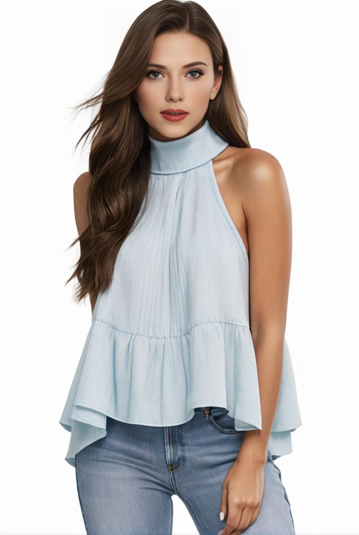 mock neck ruched ruffles sleeveless casual top 141588