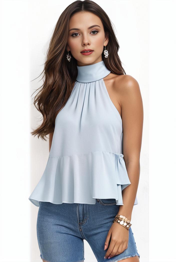 mock neck ruched ruffles sleeveless casual top 141589