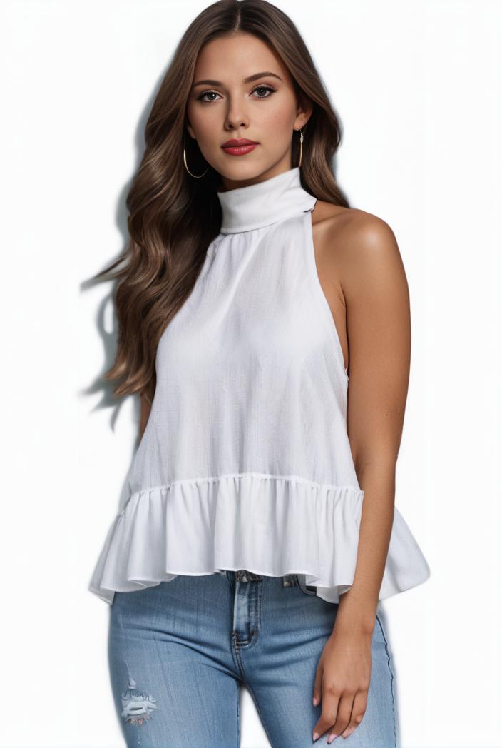 mock neck ruched ruffles sleeveless casual top 141590