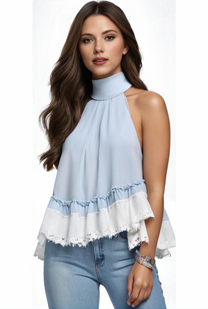 mock neck ruched ruffles sleeveless casual top 141591