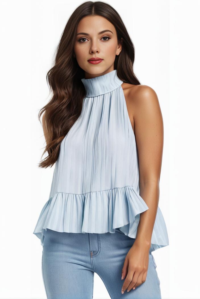 mock neck ruched ruffles sleeveless casual top 141593
