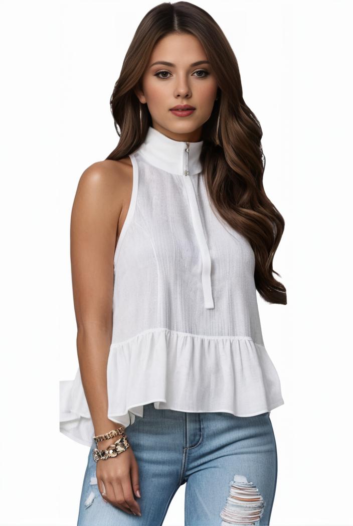 mock neck ruched ruffles sleeveless casual top 141598