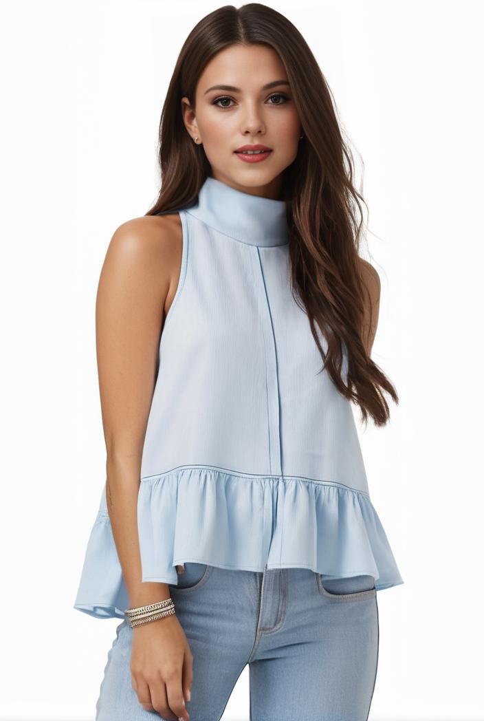 mock neck ruched ruffles sleeveless casual top 141601