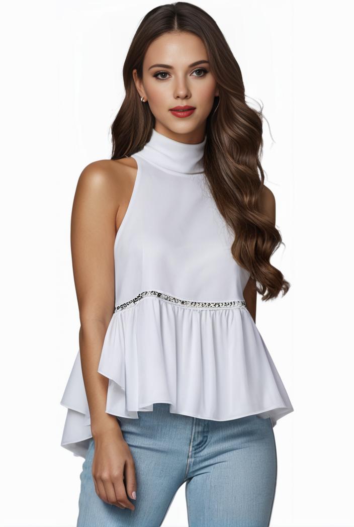 mock neck ruched ruffles sleeveless casual top 141602