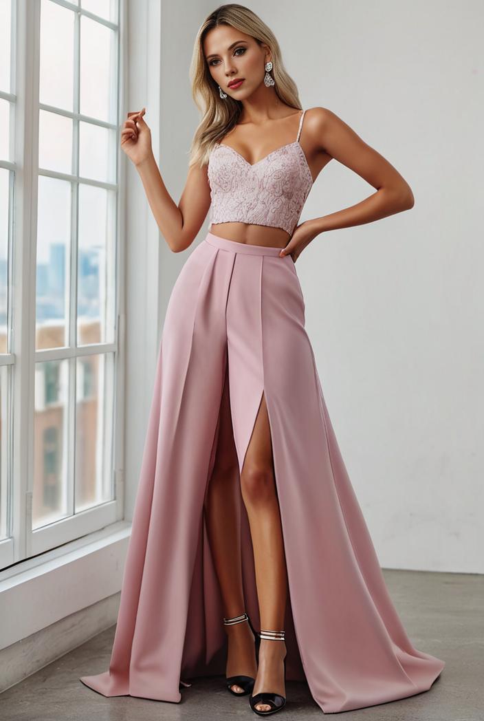 pleated v neck spaghetti strap high slit bridesmaid dress 143935