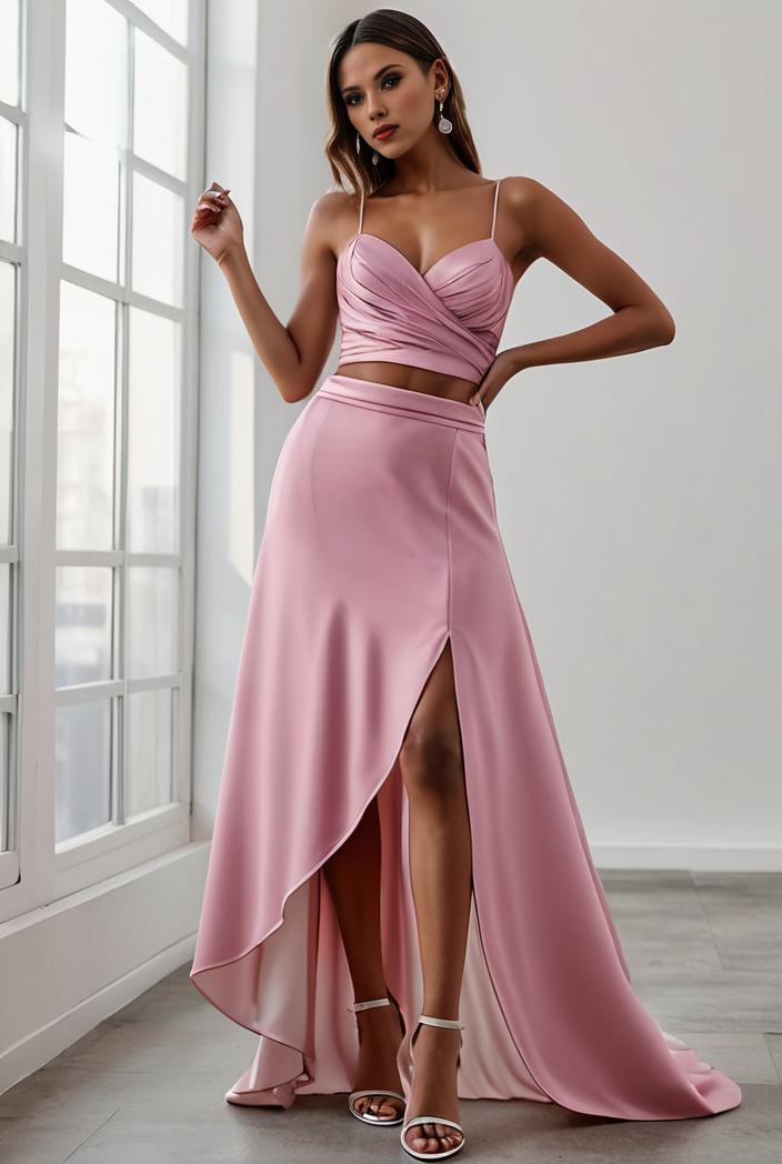pleated v neck spaghetti strap high slit bridesmaid dress 143933