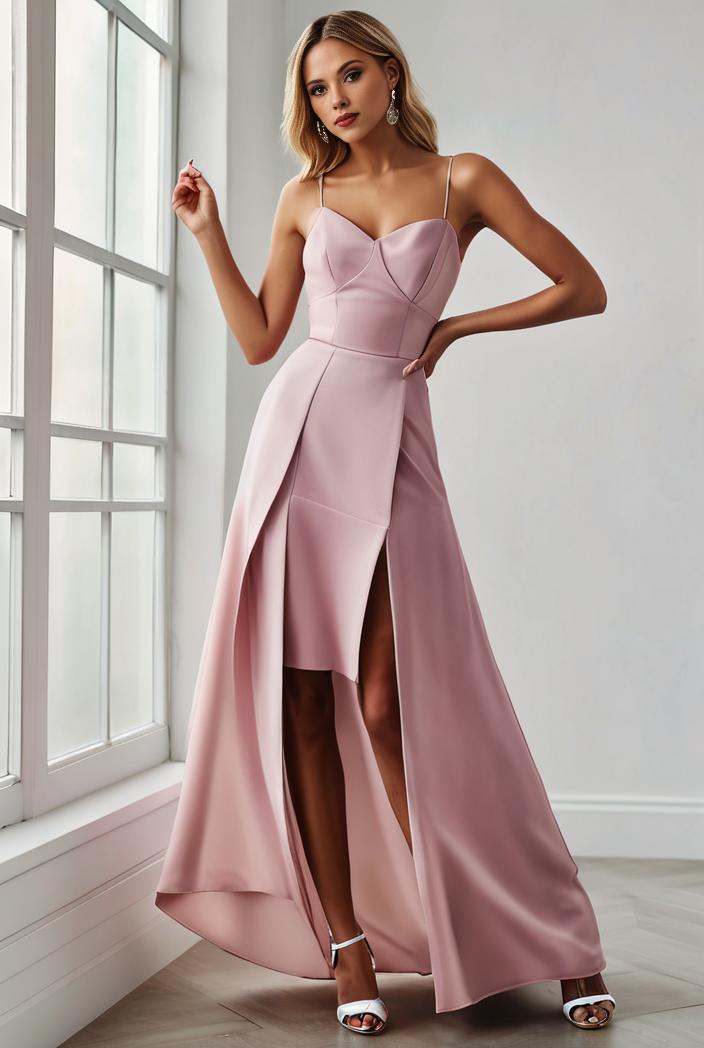 pleated v neck spaghetti strap high slit bridesmaid dress 143934