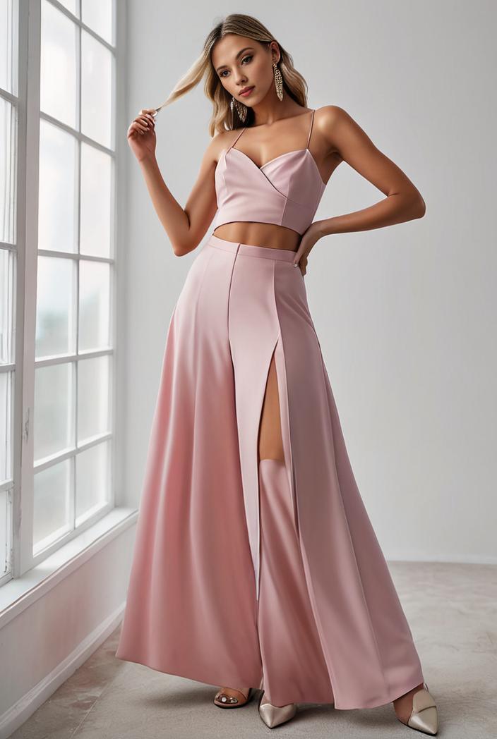 pleated v neck spaghetti strap high slit bridesmaid dress 143936