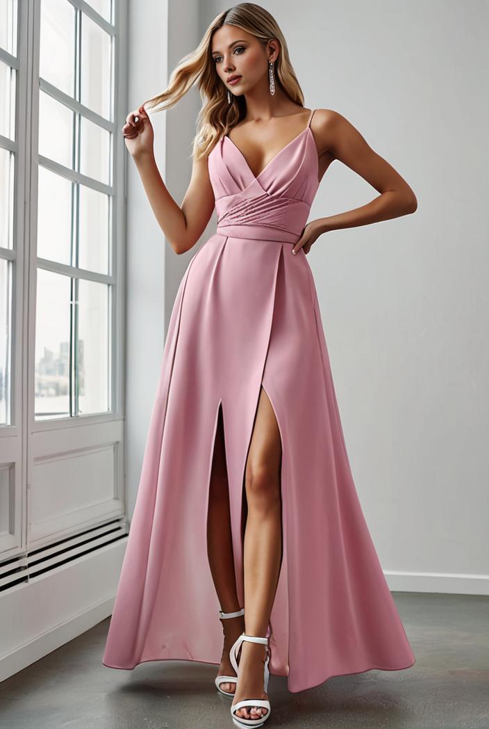 pleated v neck spaghetti strap high slit bridesmaid dress 143938