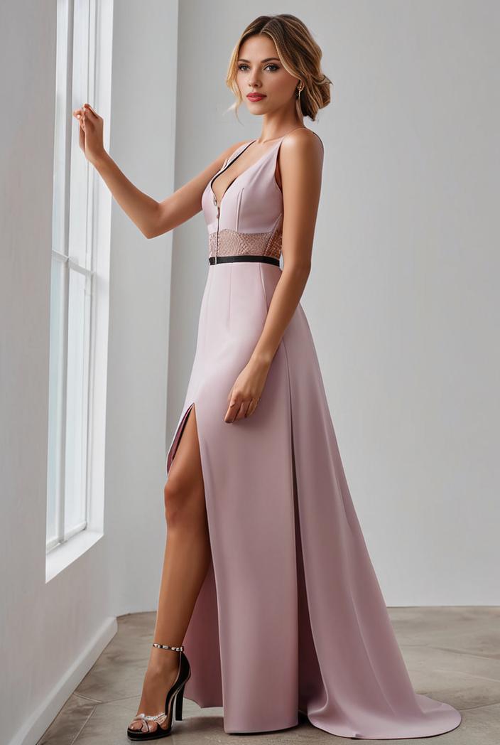 pleated v neck spaghetti strap high slit bridesmaid dress 143952