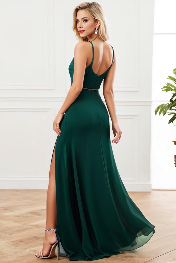 pleated v neck spaghetti strap high slit bridesmaid dress 143964