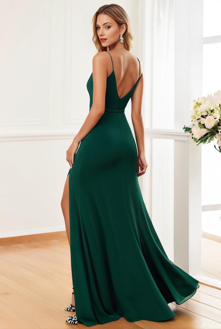 pleated v neck spaghetti strap high slit bridesmaid dress 143966