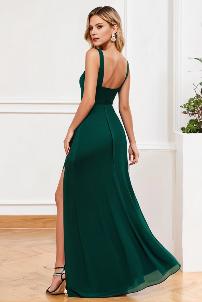 pleated v neck spaghetti strap high slit bridesmaid dress 143968