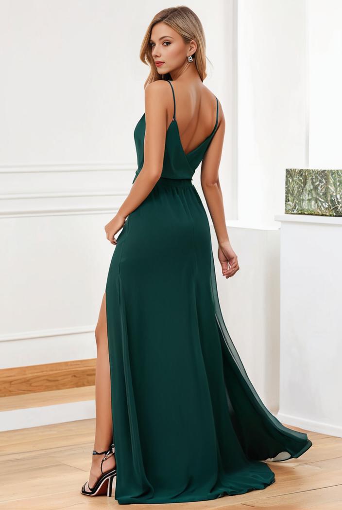 pleated v neck spaghetti strap high slit bridesmaid dress 143969