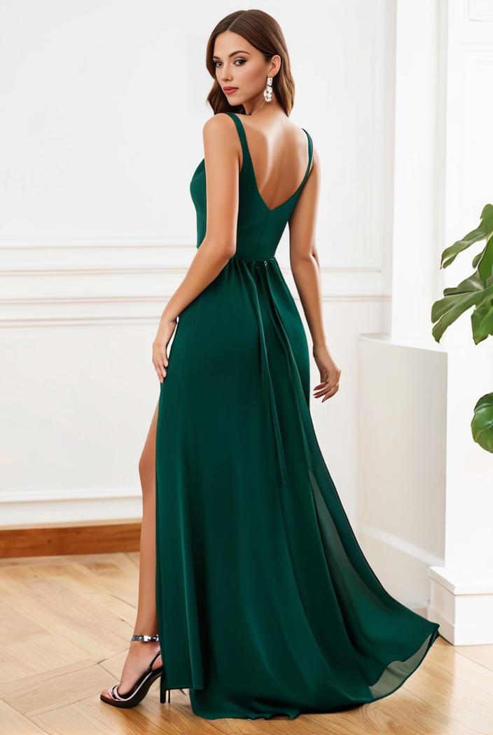 pleated v neck spaghetti strap high slit bridesmaid dress 143971