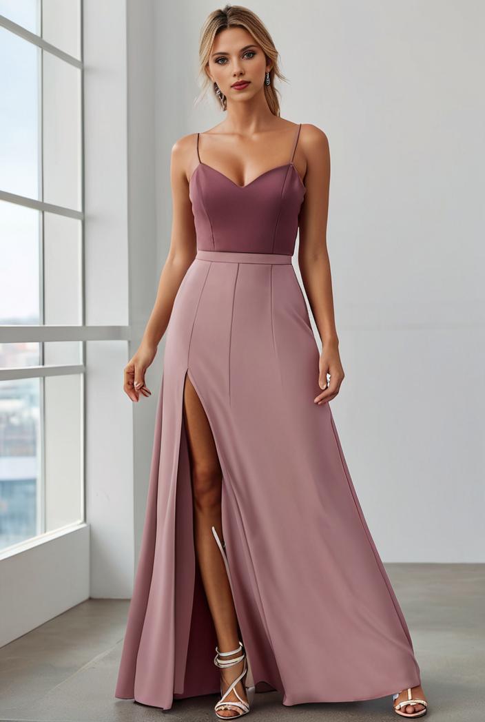pleated v neck spaghetti strap high slit bridesmaid dress 143980