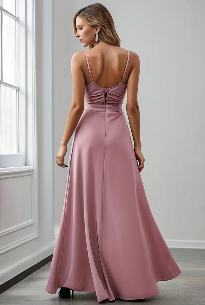 pleated v neck spaghetti strap high slit bridesmaid dress 143986