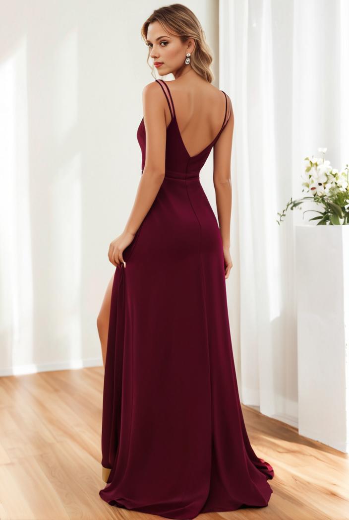 pleated v neck spaghetti strap high slit bridesmaid dress 143991