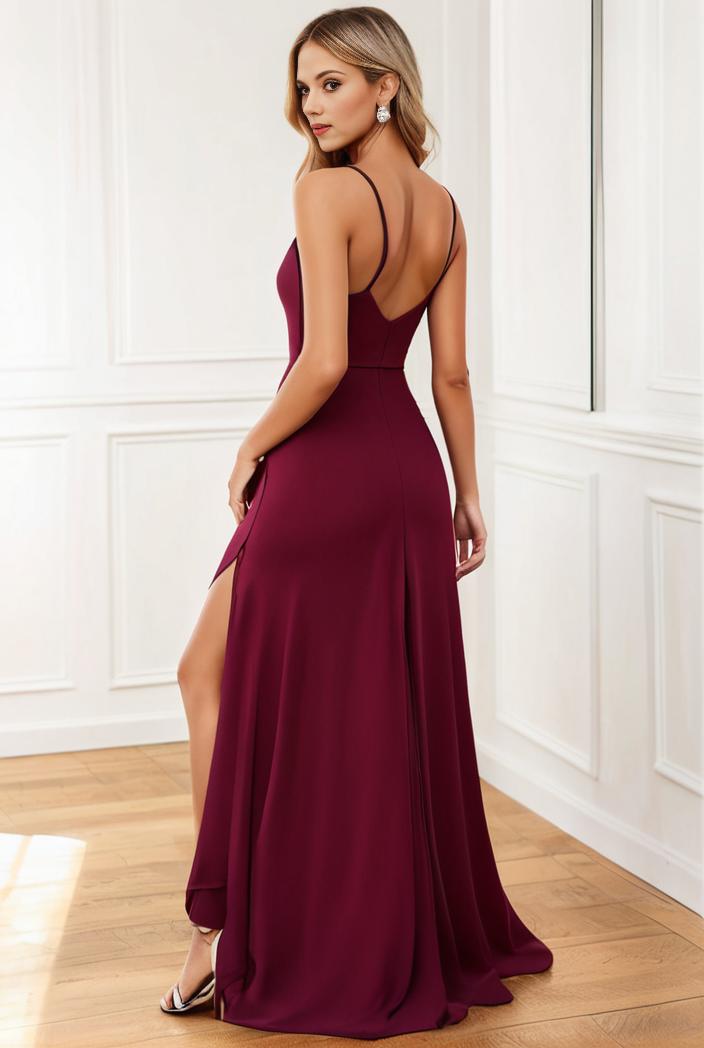 pleated v neck spaghetti strap high slit bridesmaid dress 143992