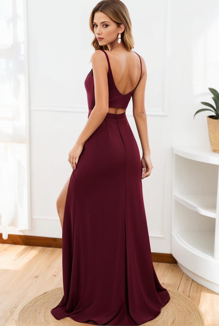 pleated v neck spaghetti strap high slit bridesmaid dress 143995