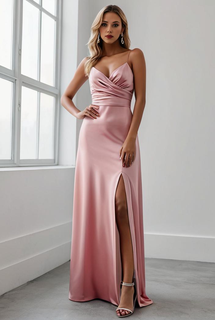 pleated v neck spaghetti strap high slit bridesmaid dress 144006