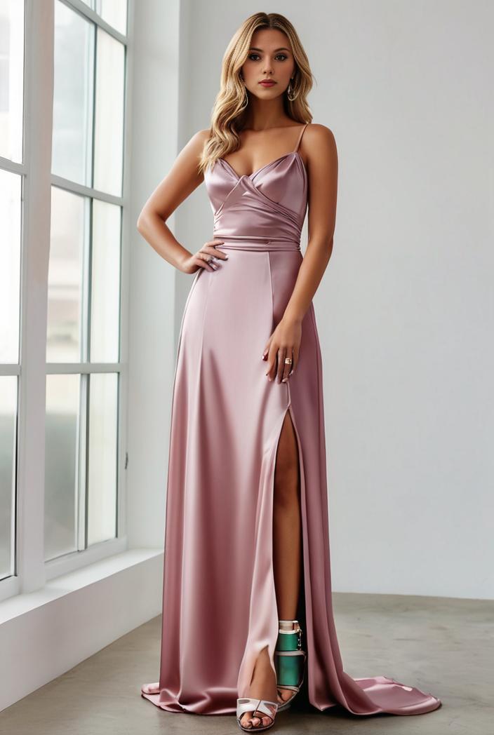 pleated v neck spaghetti strap high slit bridesmaid dress 144007