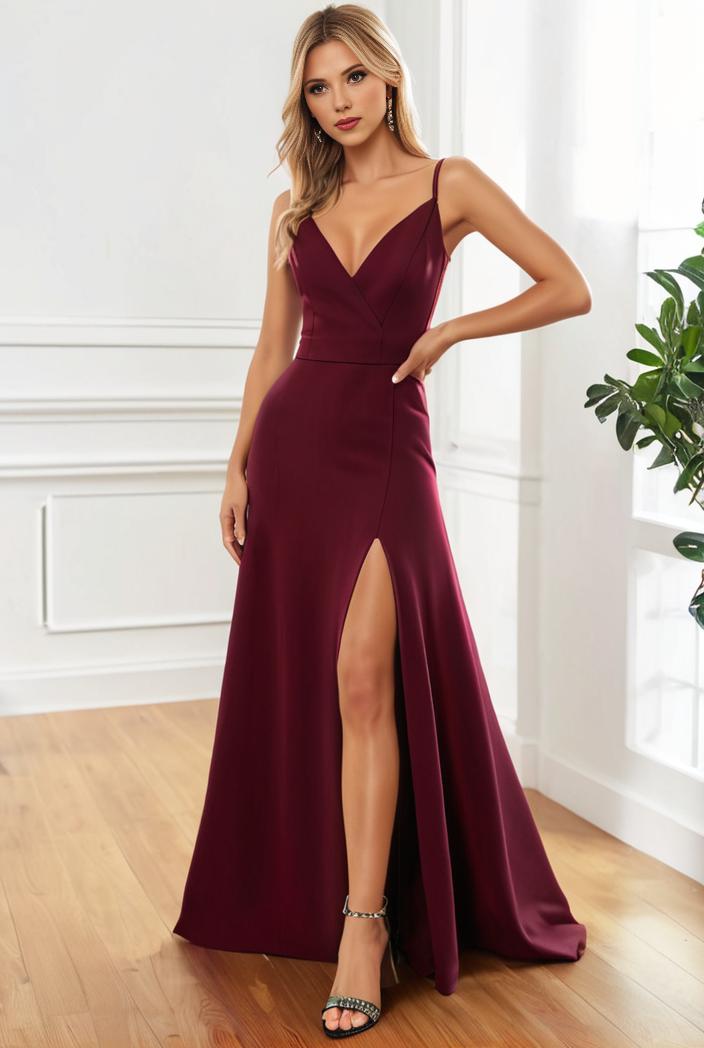 pleated v neck spaghetti strap high slit bridesmaid dress 144036