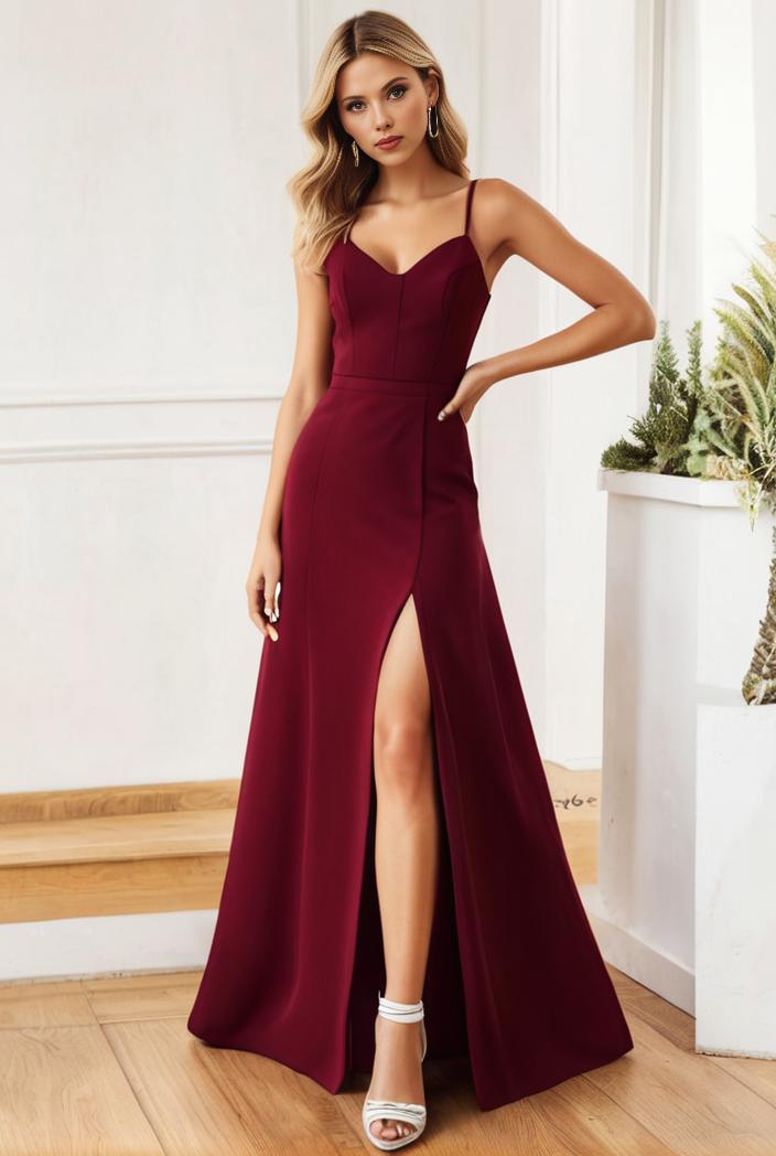 pleated v neck spaghetti strap high slit bridesmaid dress 144041