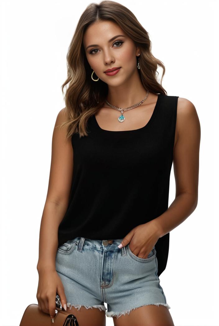plus size casual tank top women s plus solid square neck pleated medium stretch tank top 144911