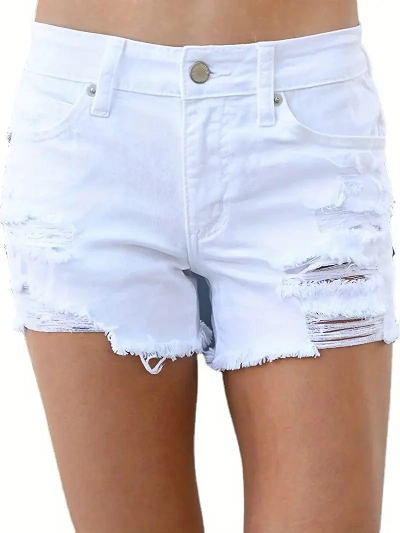 High Waisted White Denim Shorts with Raw Hem and Distressed Pockets