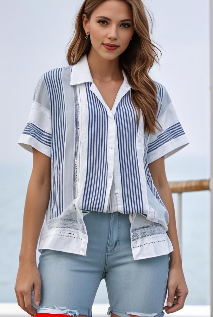 v neck thin loose plaid short sleeved blouse 115423