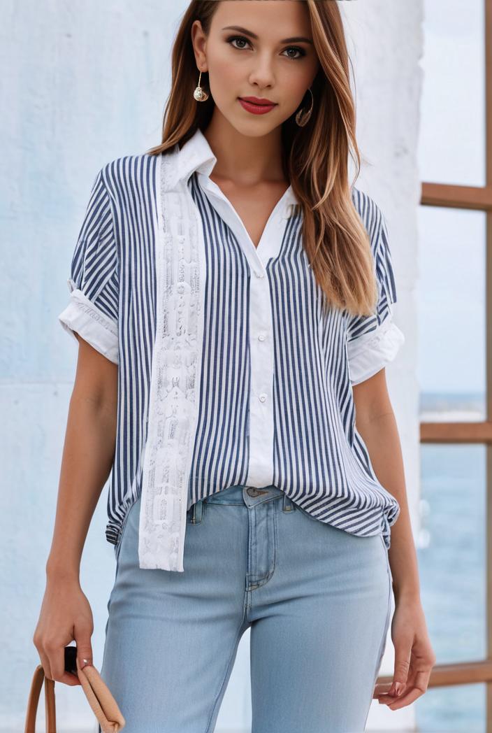 v neck thin loose plaid short sleeved blouse 115425