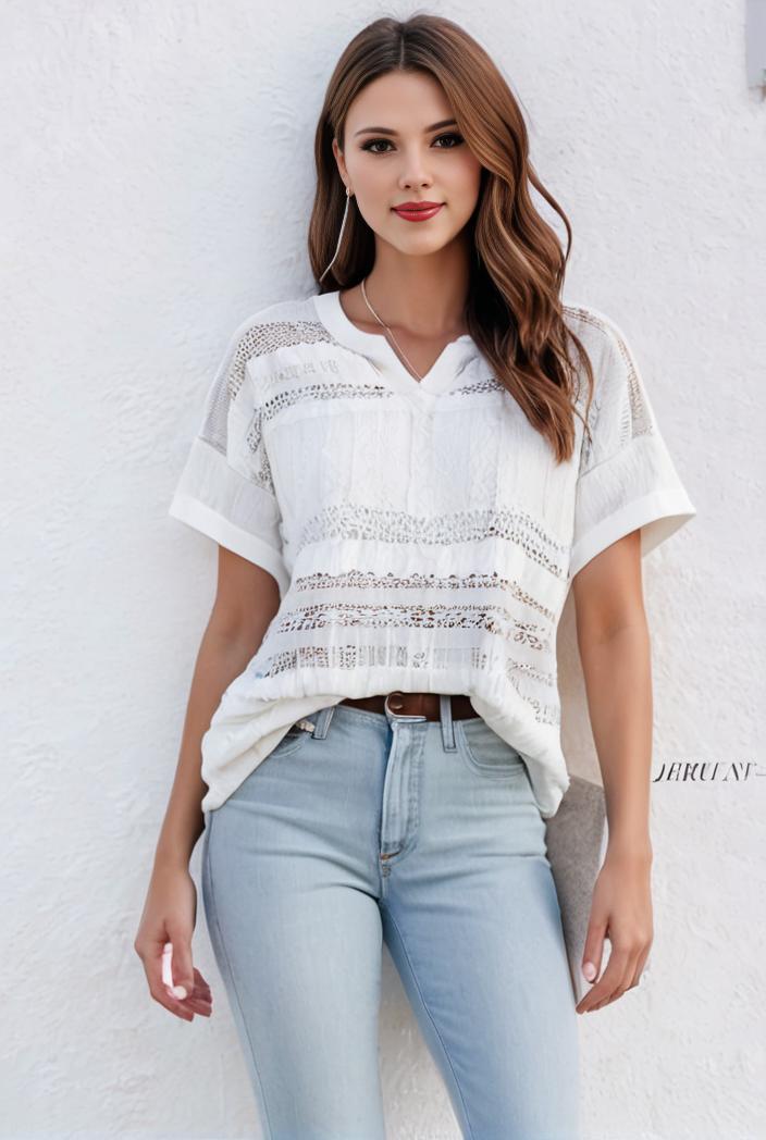 v neck thin loose plaid short sleeved blouse 115432