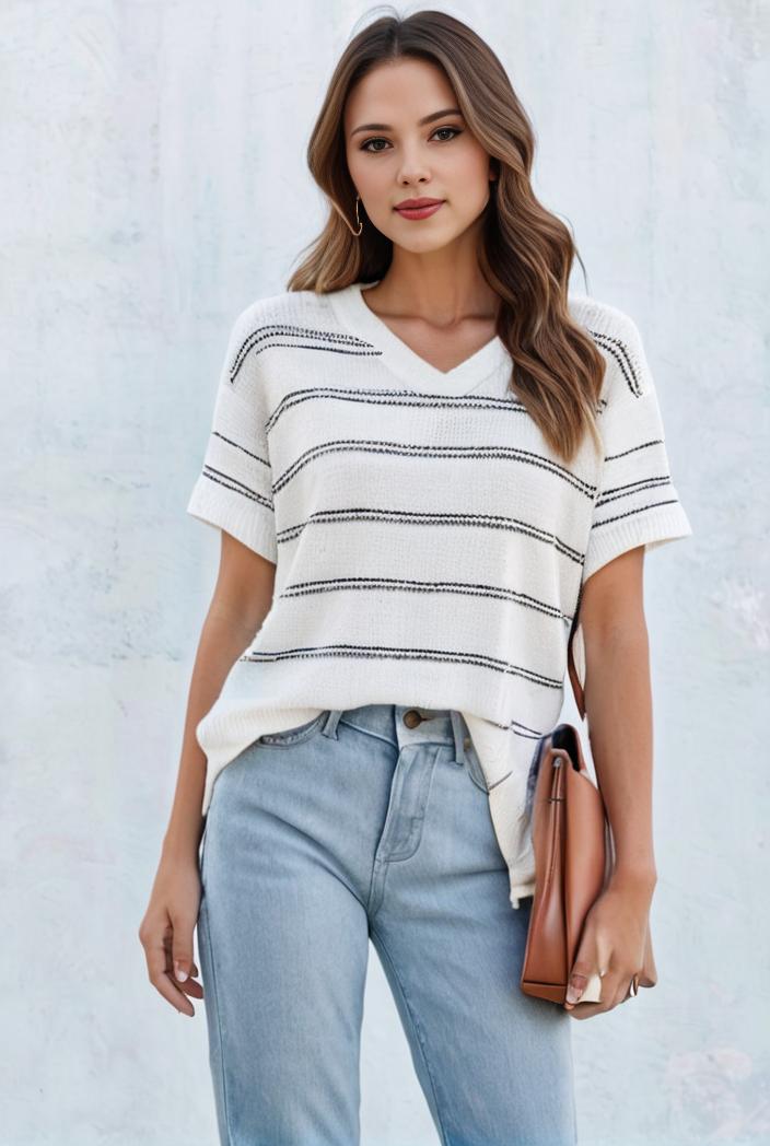 v neck thin loose plaid short sleeved blouse 115433