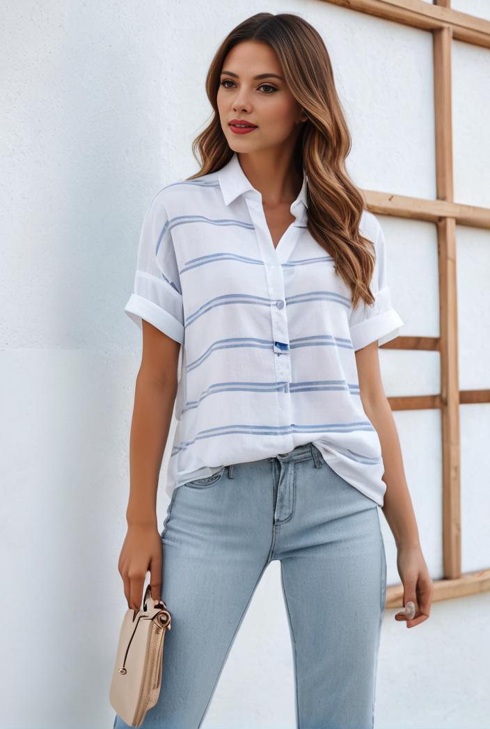 v neck thin loose plaid short sleeved blouse 115439