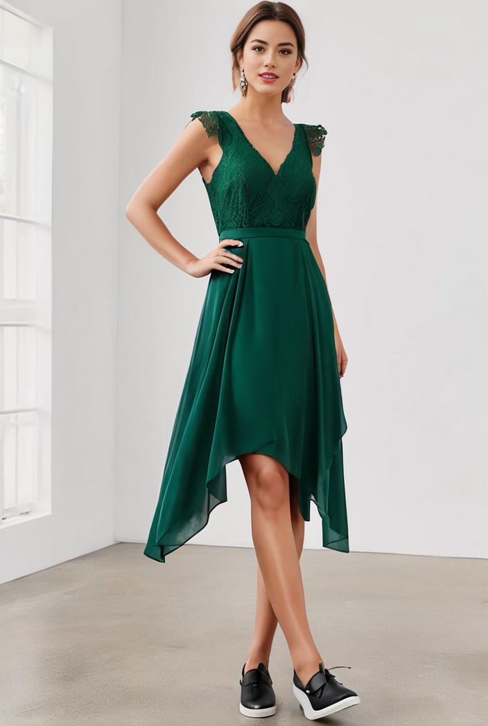 deep v neck lace chiffon bridesmaid dress with asymmetrical hem 137100
