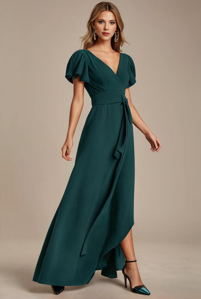 glitter high low front side slit ruffled v neck evening dress 131997