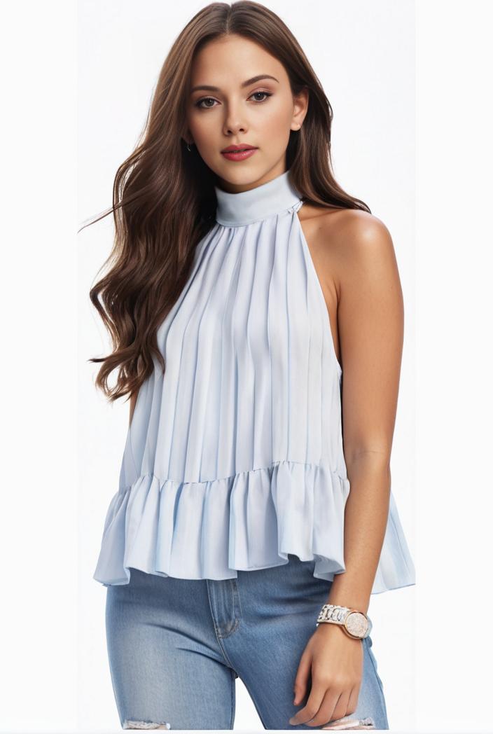 mock neck ruched ruffles sleeveless casual top 135481