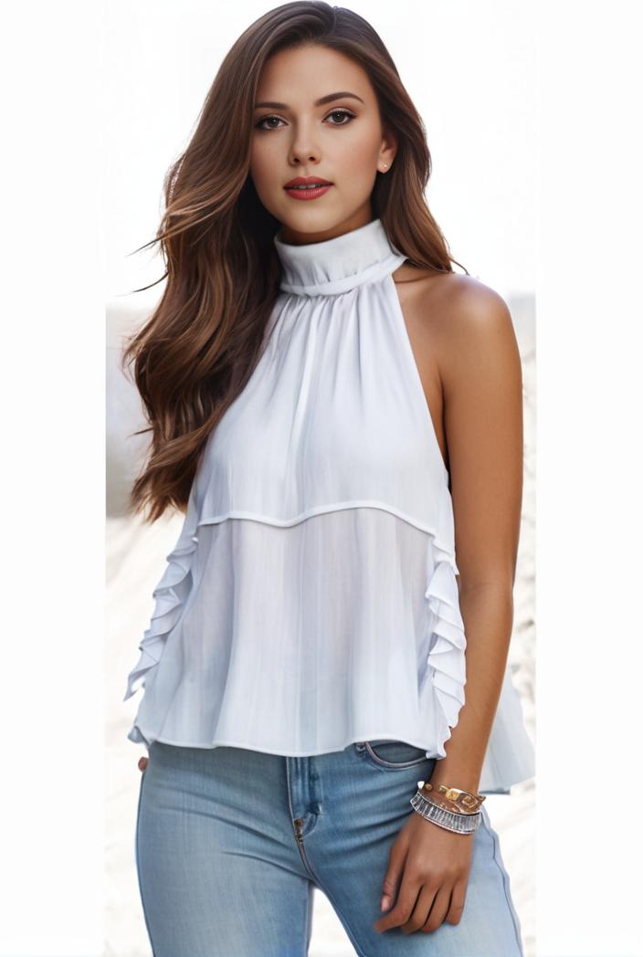 mock neck ruched ruffles sleeveless casual top 135482
