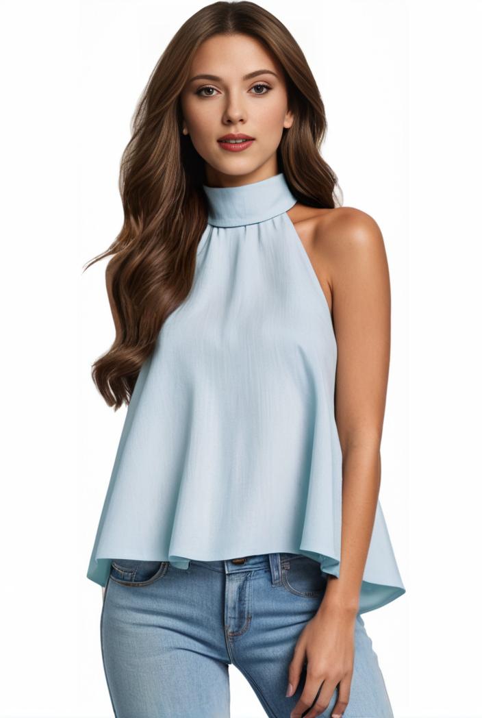 mock neck ruched ruffles sleeveless casual top 135483