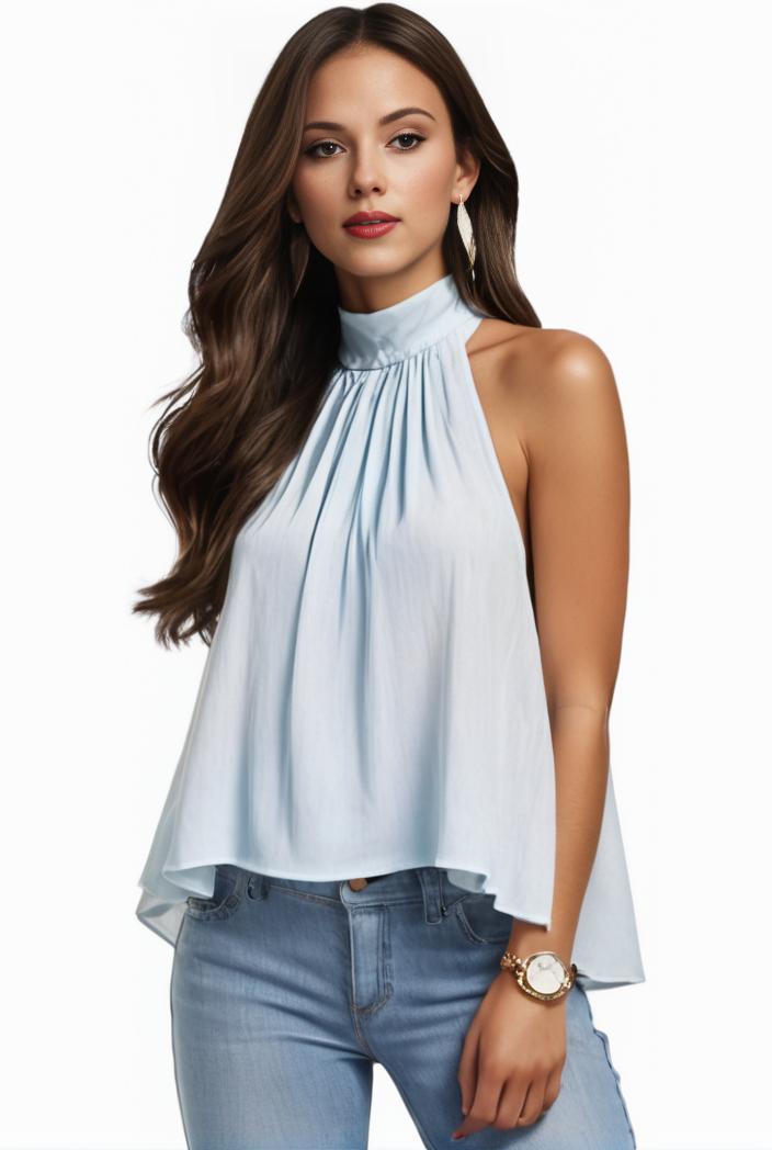 mock neck ruched ruffles sleeveless casual top 135485