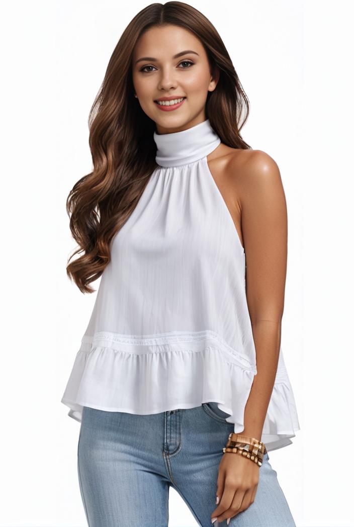 mock neck ruched ruffles sleeveless casual top 135486