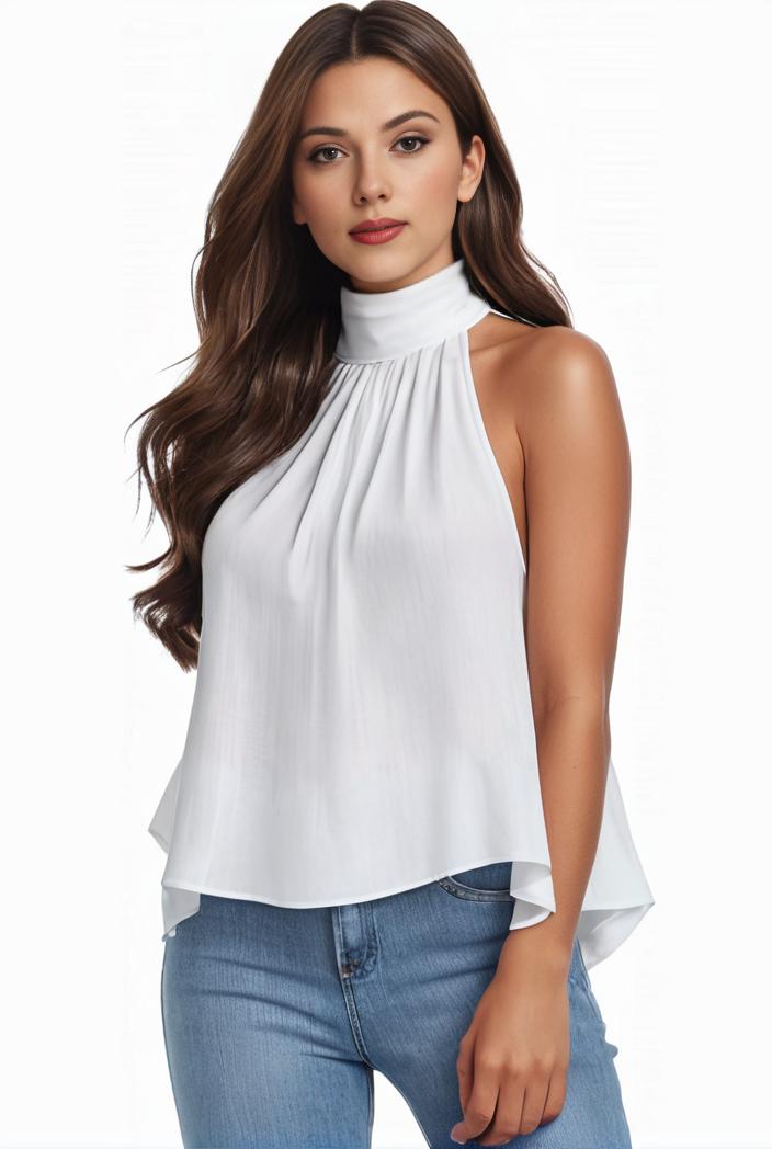 mock neck ruched ruffles sleeveless casual top 135487