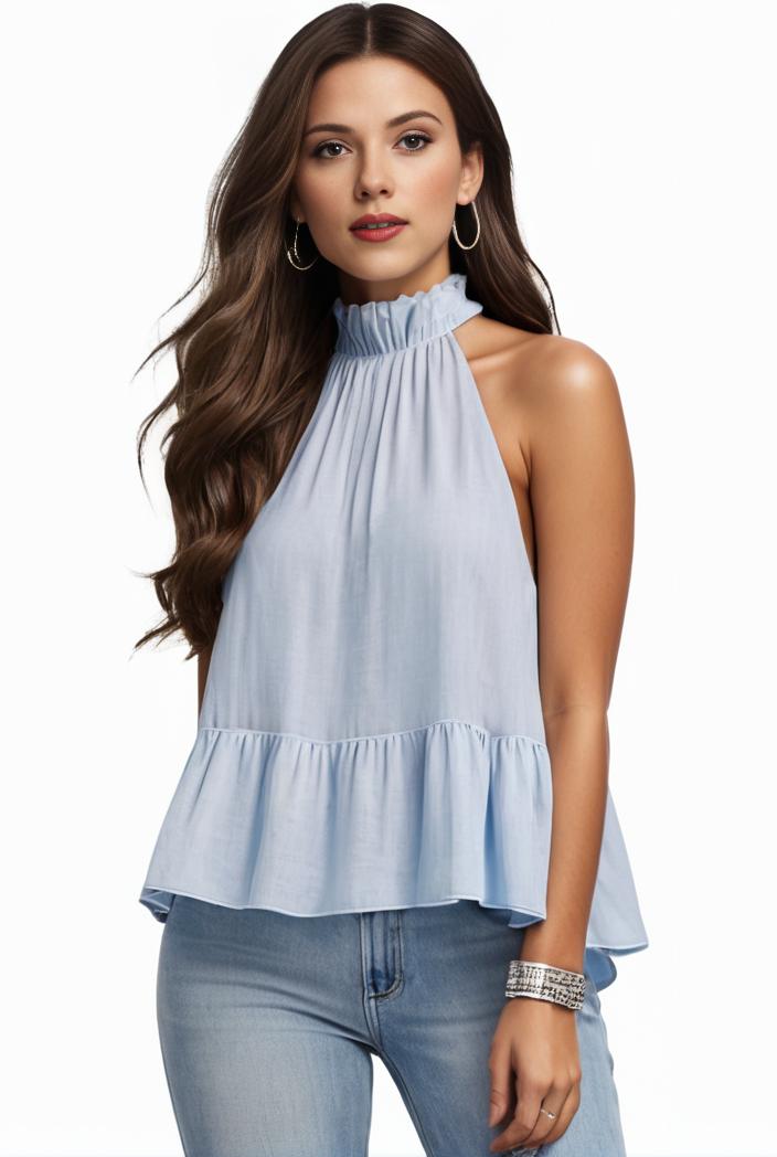 mock neck ruched ruffles sleeveless casual top 135488