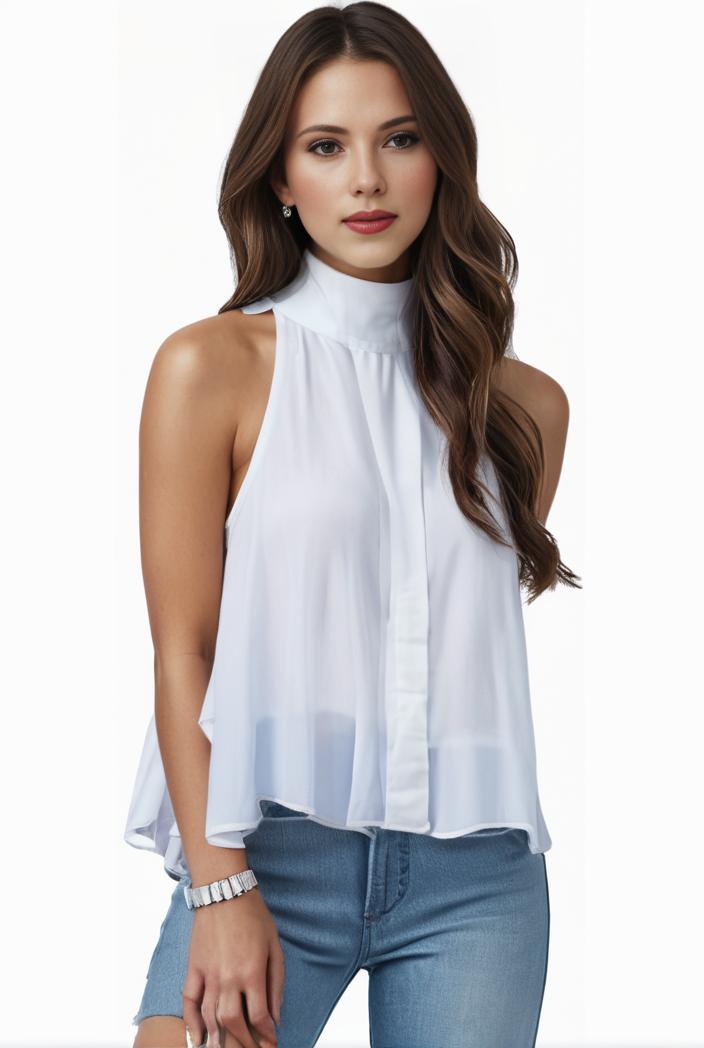 mock neck ruched ruffles sleeveless casual top 135492