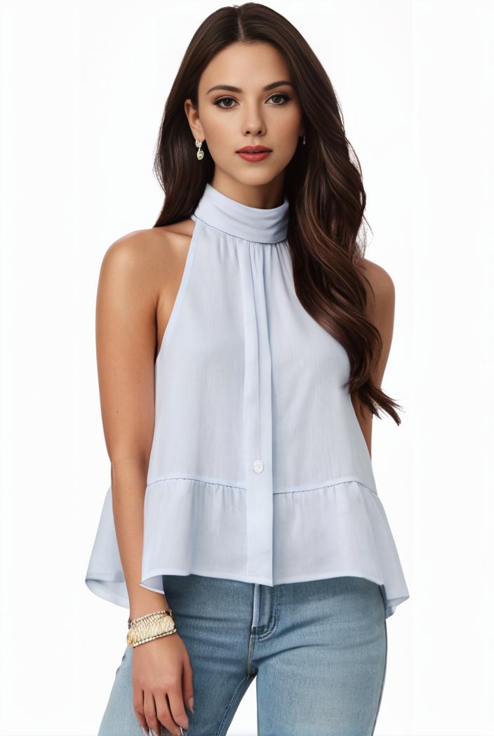 mock neck ruched ruffles sleeveless casual top 135494