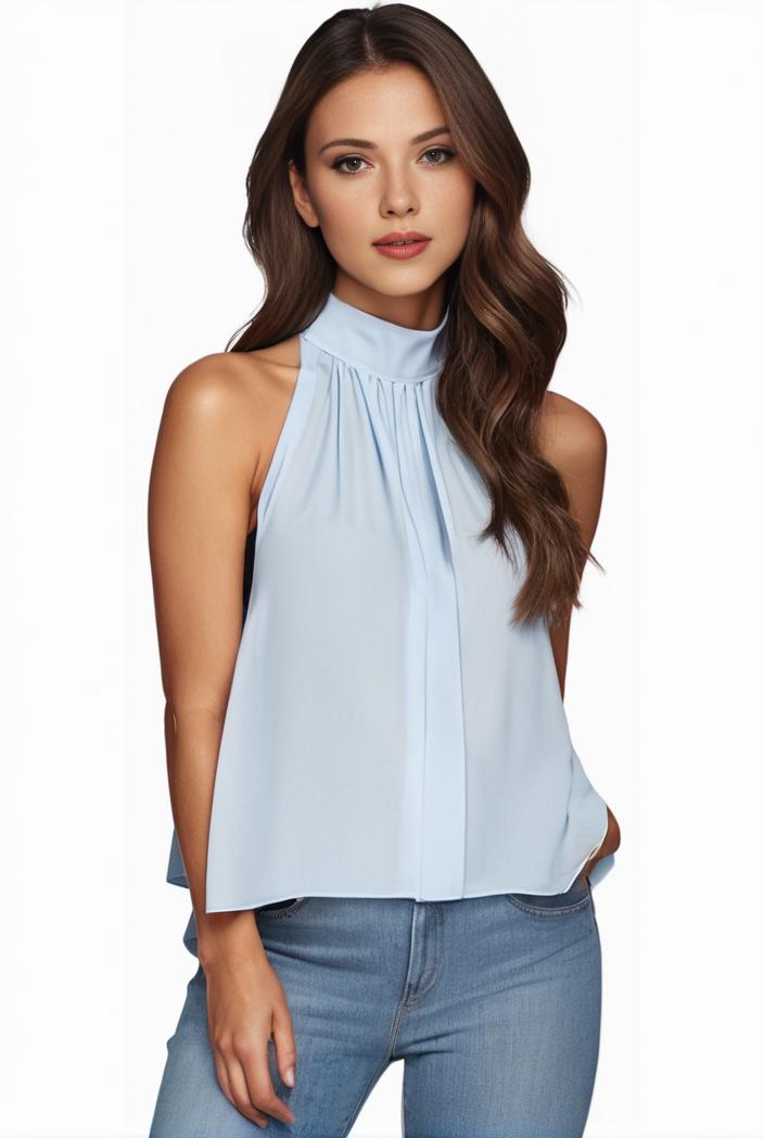 mock neck ruched ruffles sleeveless casual top 135495