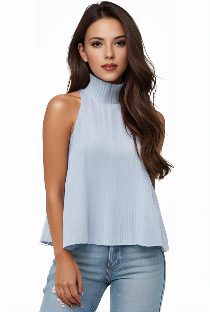 mock neck ruched ruffles sleeveless casual top 135496